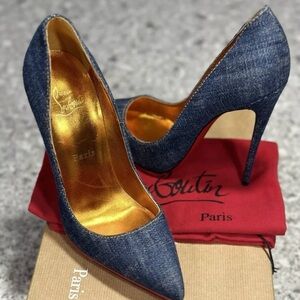 Christian Louboutin So Kate 120 Blue Denim Saba Gold Stiletto Heel Pump 38